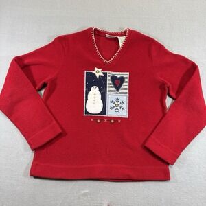 Y2K White Stag Christmas Sweater W Small Red Snowman Snowflake Grandmacore Patch